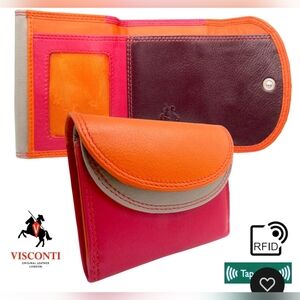 Visconti Italian Leather Foldover Trifold Card ID Wallet Orange Pink RFID Small
